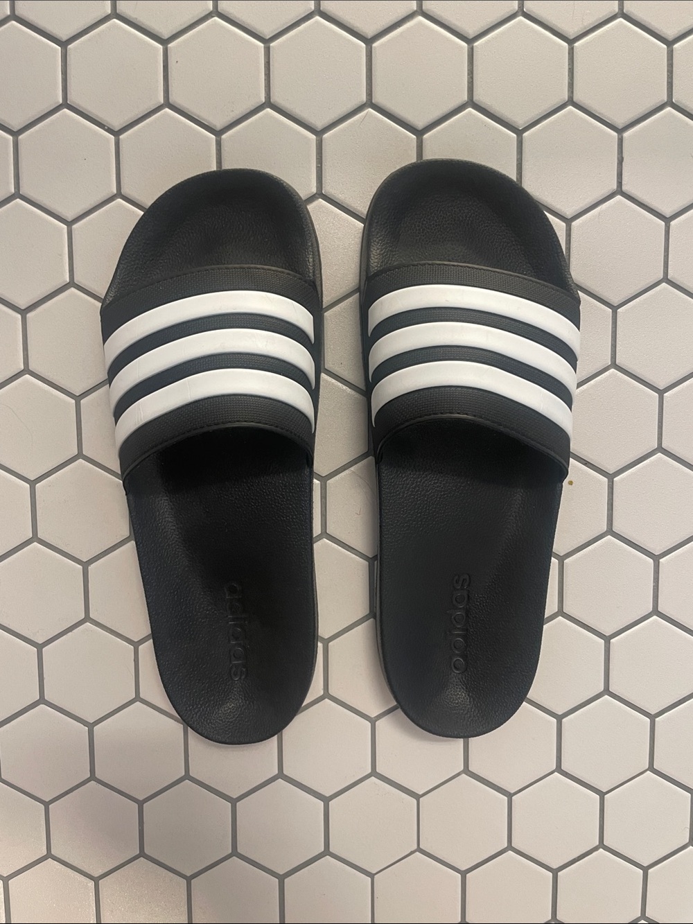 adidas Black Slides with White Three-Stripe Band